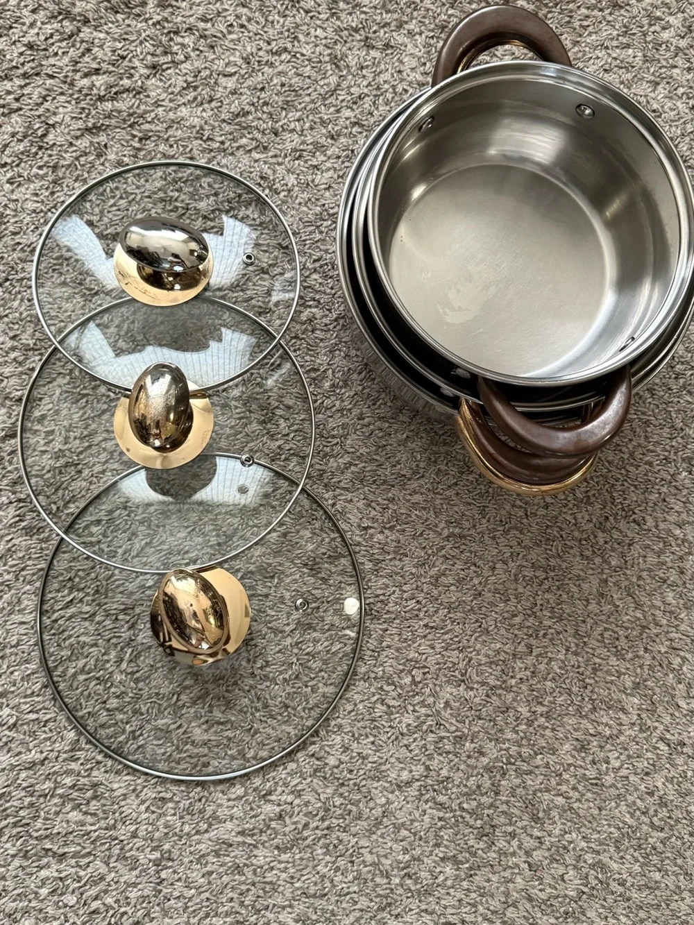 Stainless Steel Stock Pot Set with Gold-Tone Handles and Glass Lids